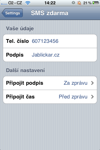 České SMS   nastavení