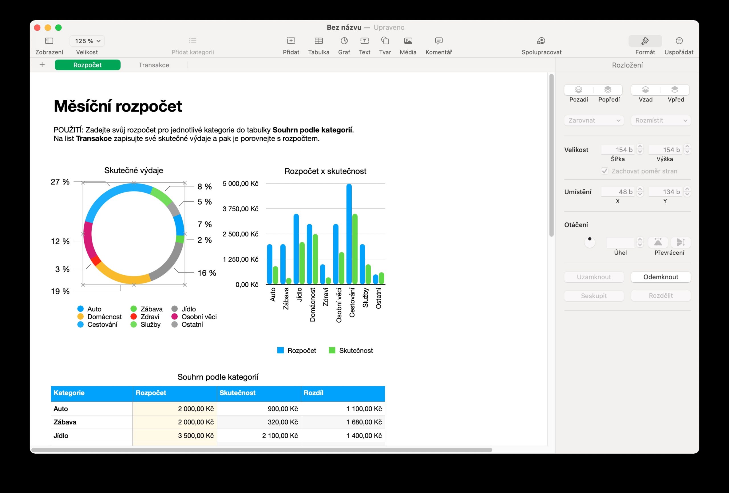 Numbers Mac uzamceni objektu