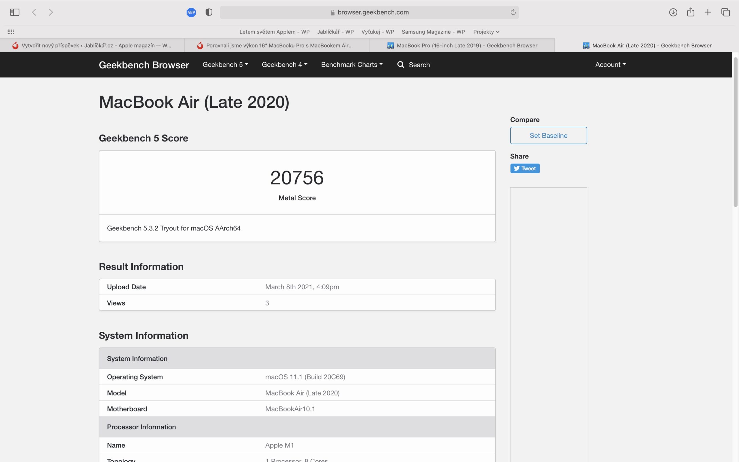 mba-m1-metal-geekbench1 macbook air m1 výkonnostní test