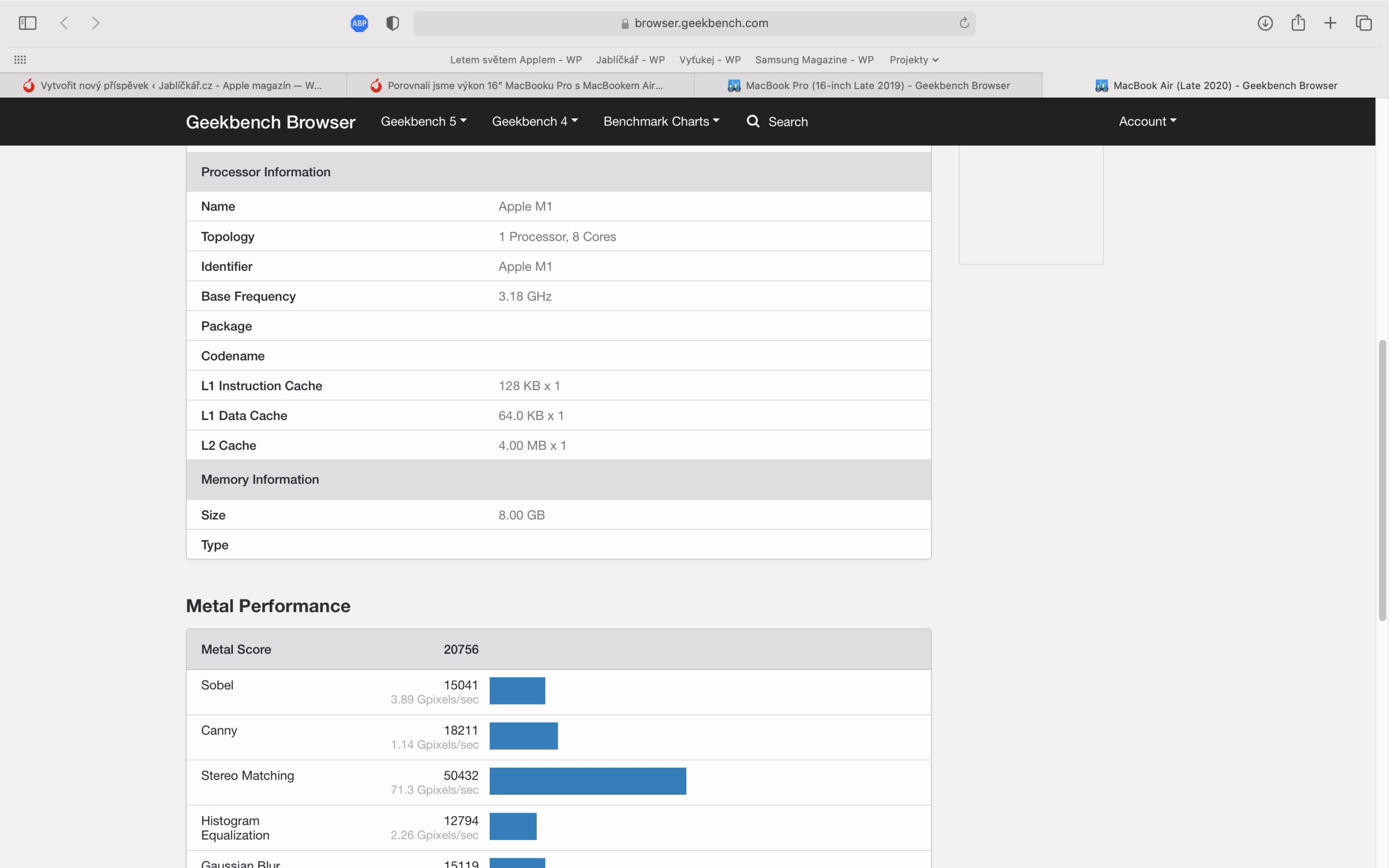mba-m1-metal-geekbench3 macbook air m1 výkonnostní test