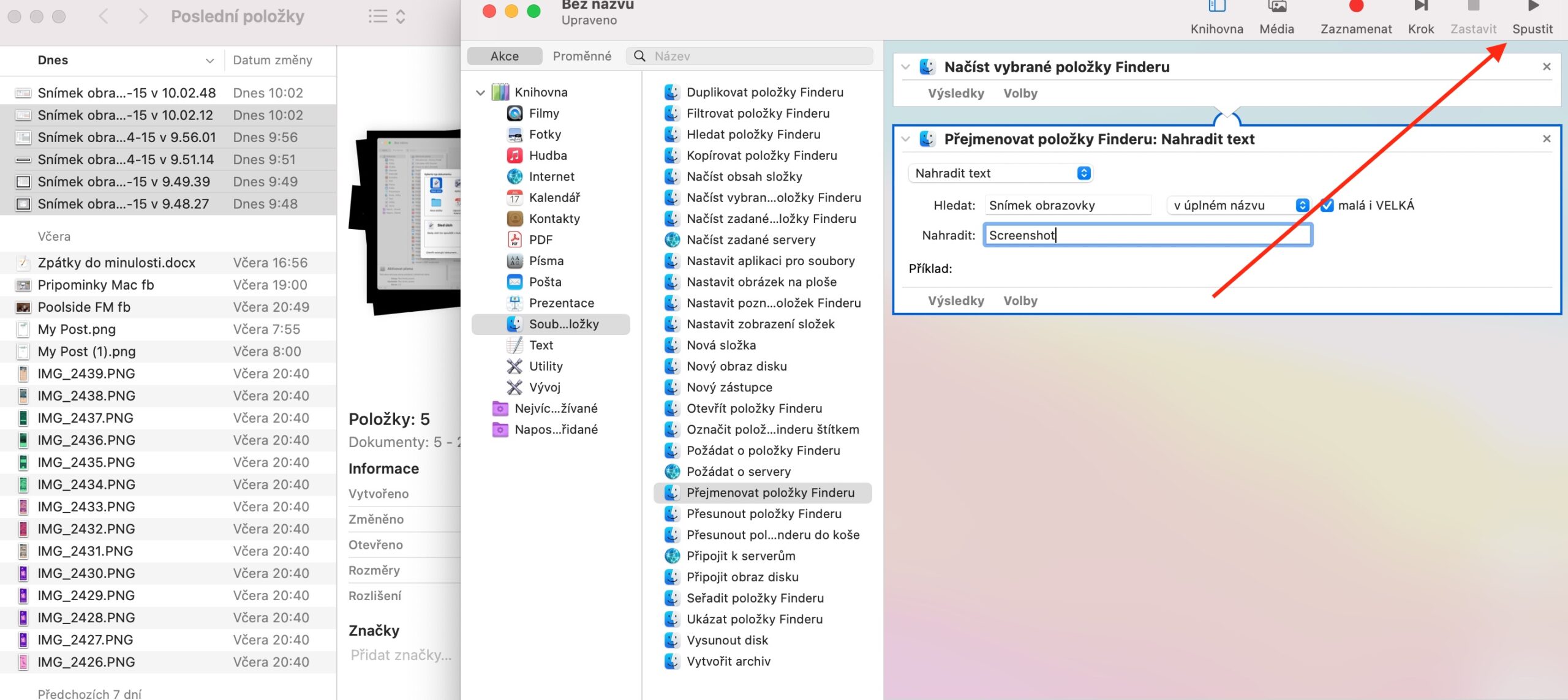 Automator prejmenovat polozky