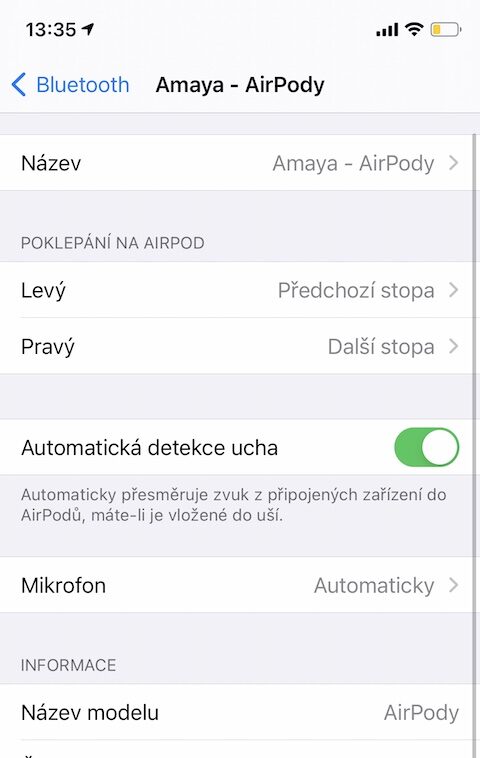Nastaveni Bluetooth AirPody detekce ucha