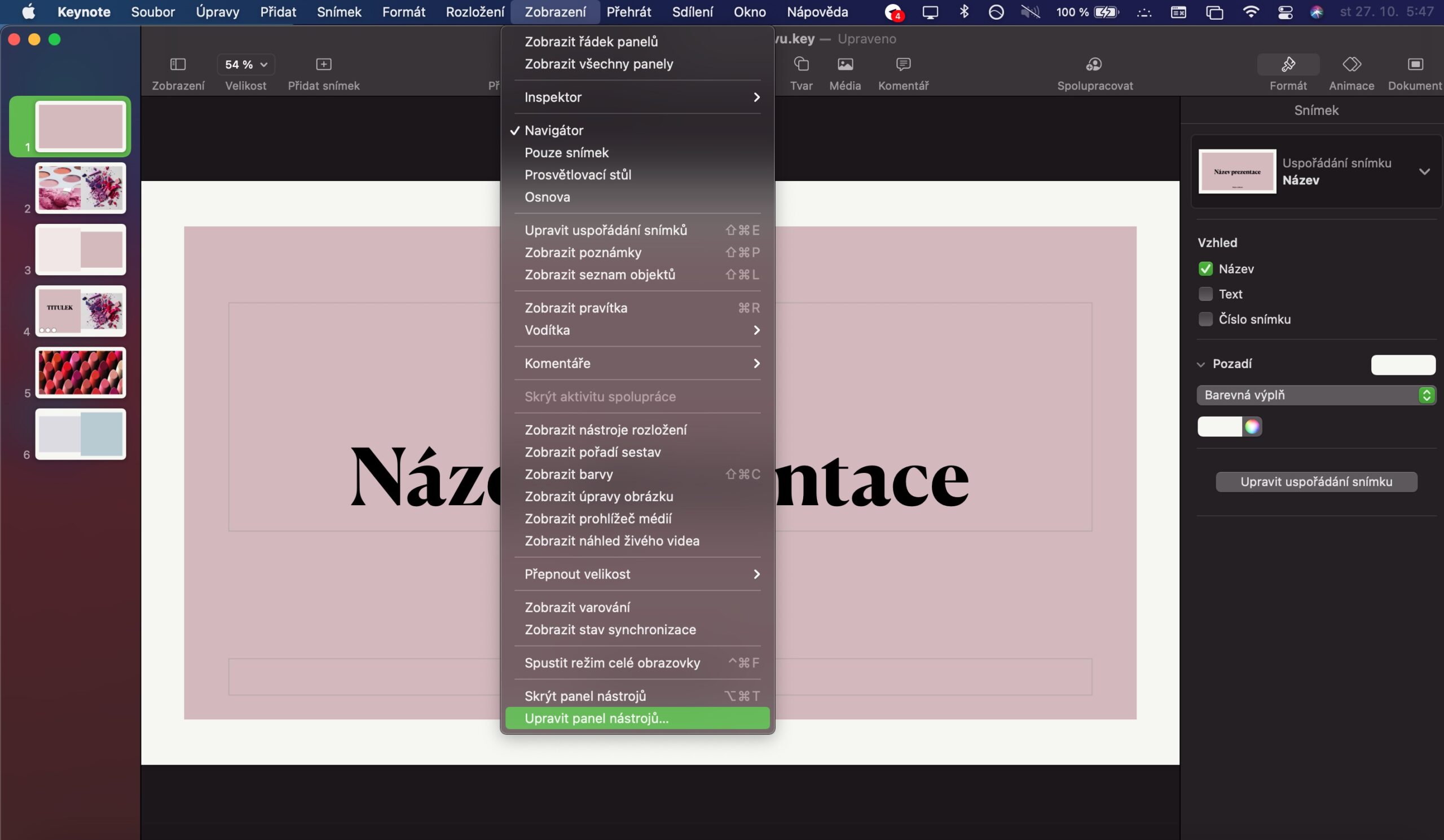 Mac Keynote uprava panelu nastroju
