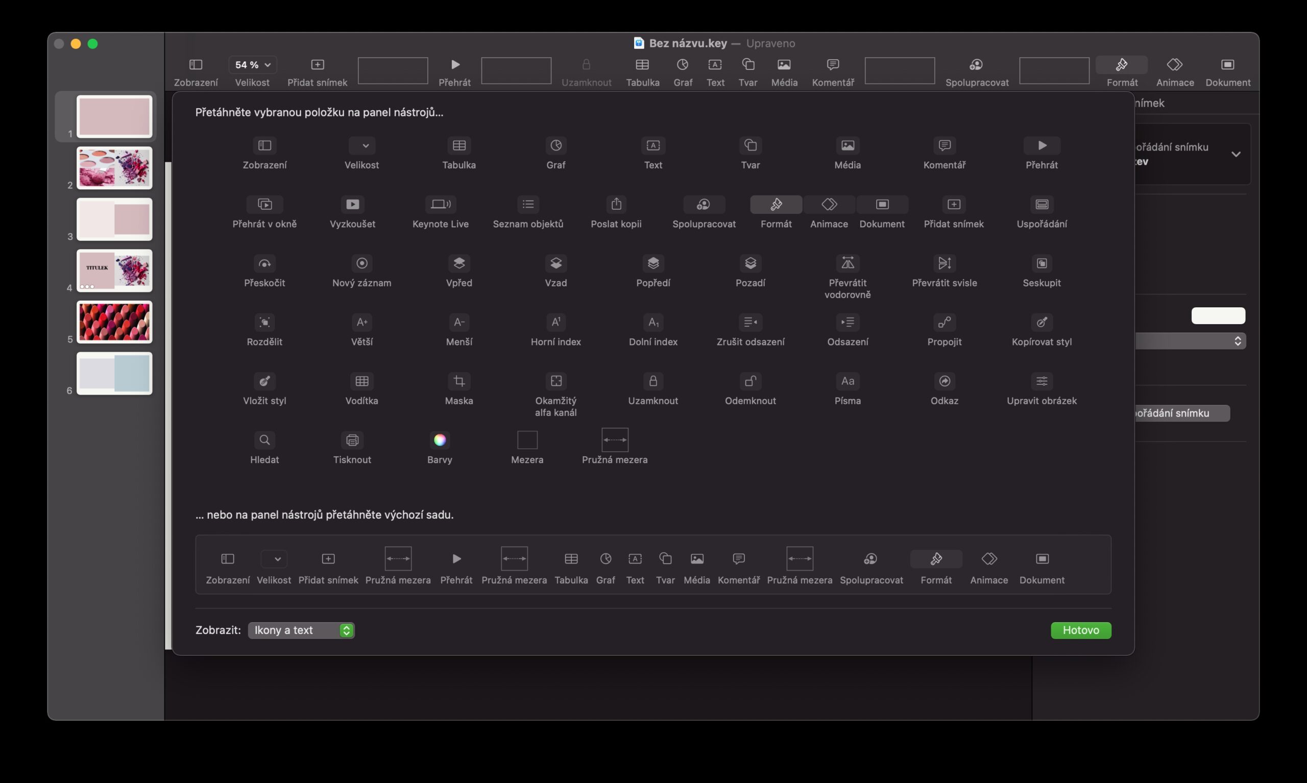 Mac Keynote uprava panelu nastroju