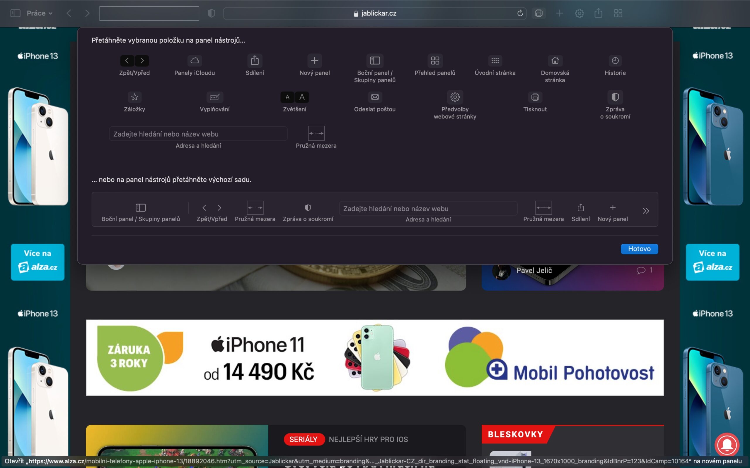 macOS Safari prizpusobeni nastrojove listy