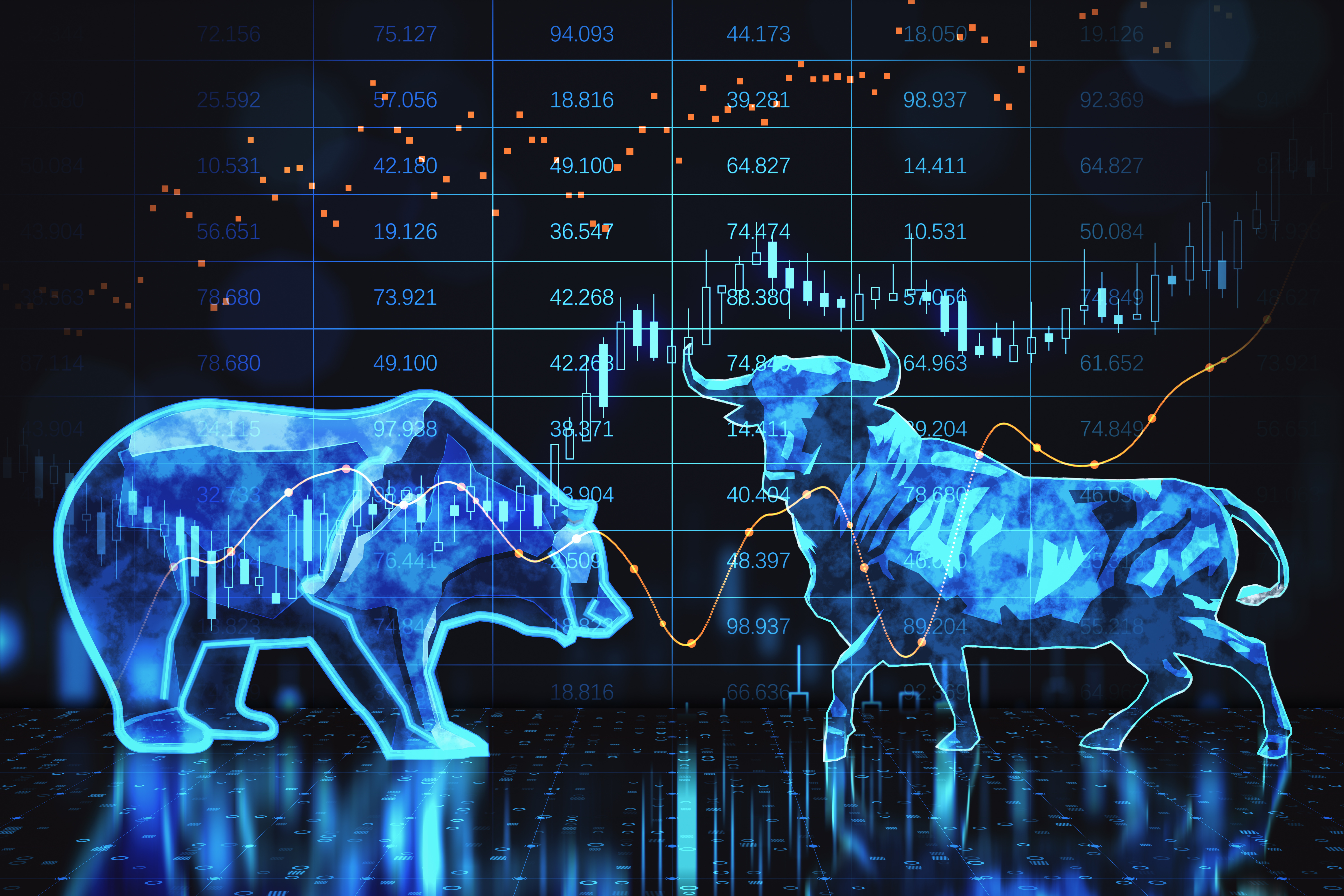 Abstract bearish and bullish forex chart on blurry background. Stock market exchange and financial analysis. 3D Rendering.