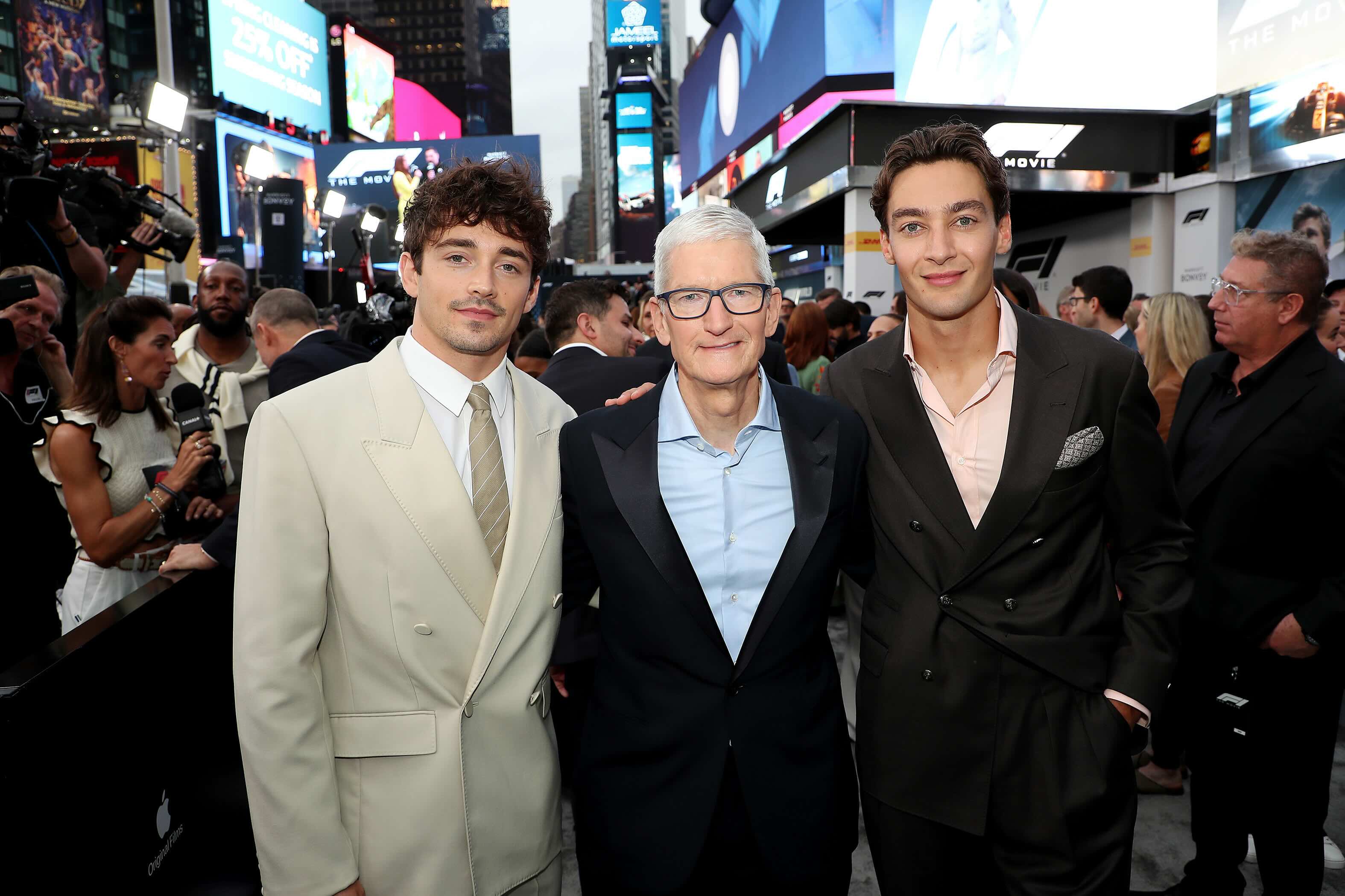Formula 1 driver Charles Leclerc, Tim Cook and Formula 1 driver George Russell